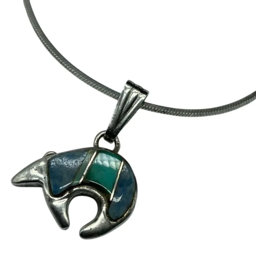 Calvin‎ Begay Native inlay Bear pendant 925 Turquoise chain Italy signed